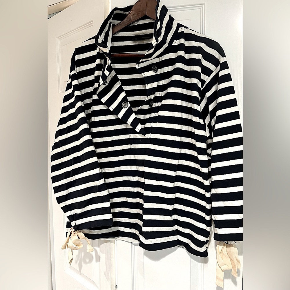 Jcrew navy and white Striped snap-neck knit popover.